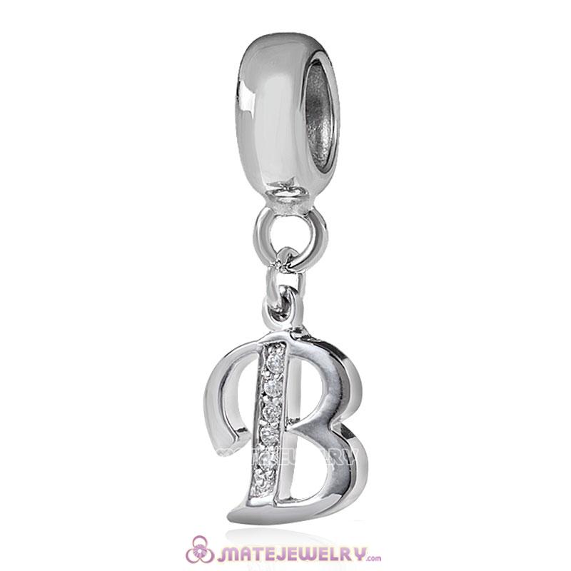 Sterling Silver Dangle Alphabet B Beads with White CZ Stone