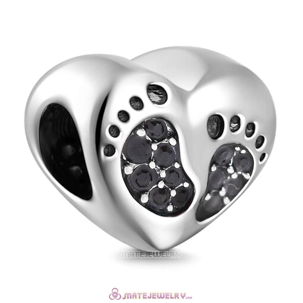 Jet Crystal Baby Footprint Heart Charms Beads
