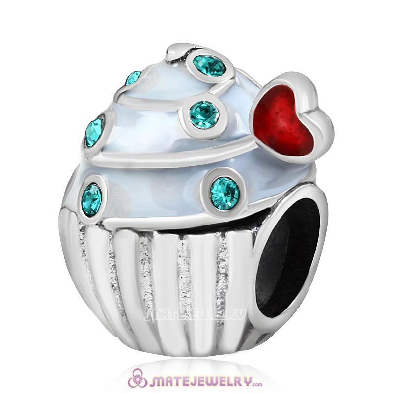 Sweet Cupcake Charm Sterling Silver Bead with Blue Zircon Austrian Crystal