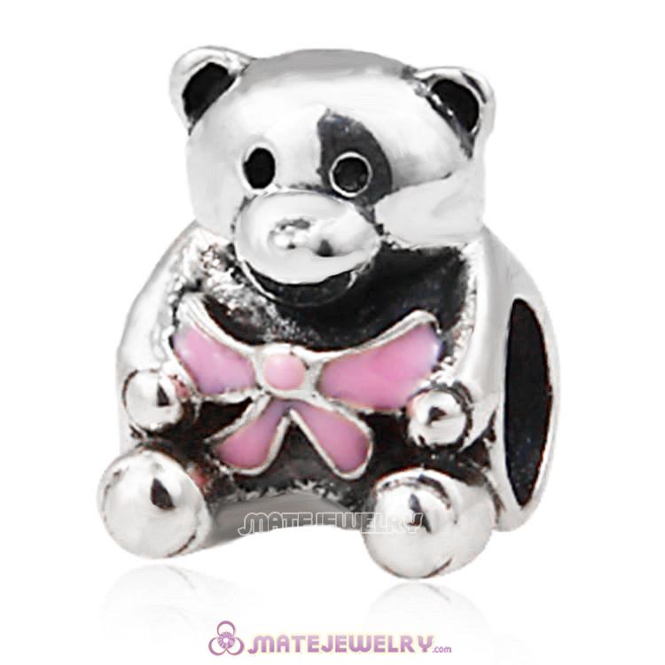 Sterling Silver It is A Girl Teddy Bear Enamel Pink Ribbon Charm Beads
