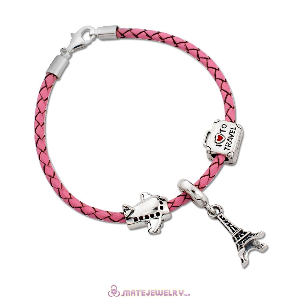 Sterling Silver Pink Braided Leather Paris Travel Idea Bracelet Charms with Lobster Clasp
