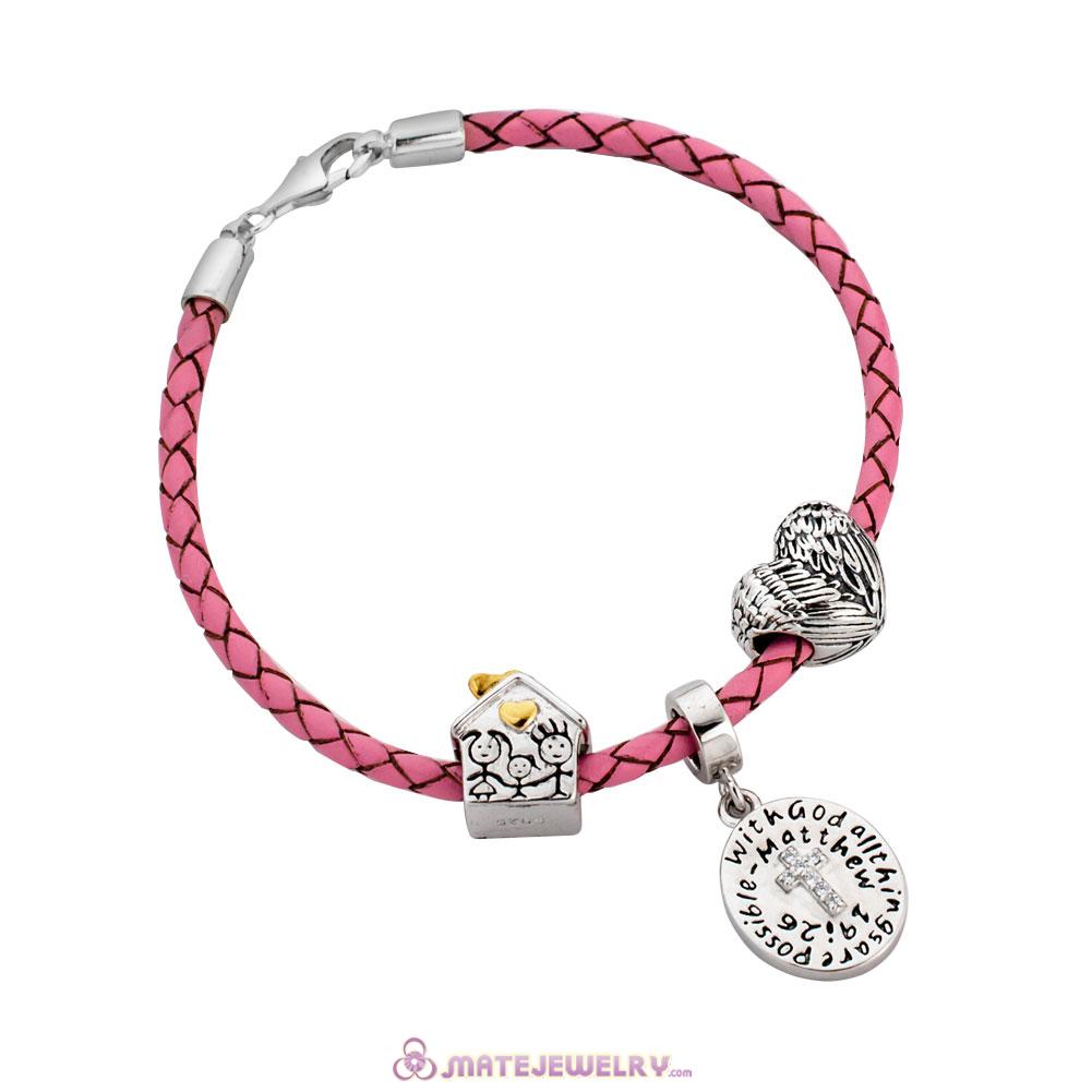 Sterling Silver Pink Braided Leather Guardian of Family Bracelet Charms with Lobster Clasp