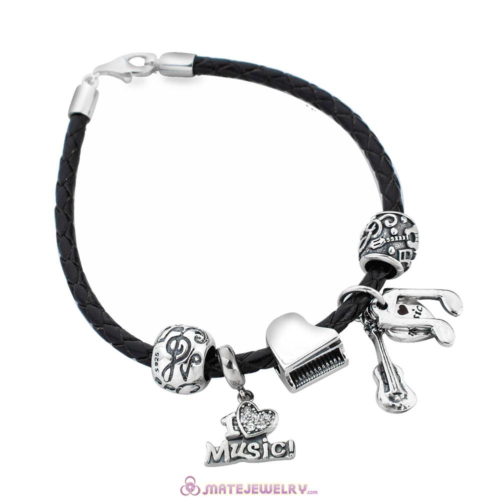 Sterling Silver Black Braided Leather Love Music Bracelet Charms with Lobster Clasp