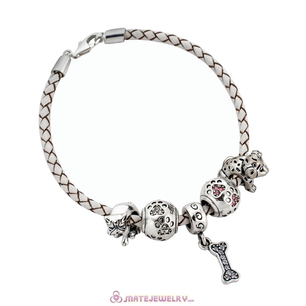 Sterling Silver White Braided Leather My Pet Dog Bracelet Charms with Lobster Clasp