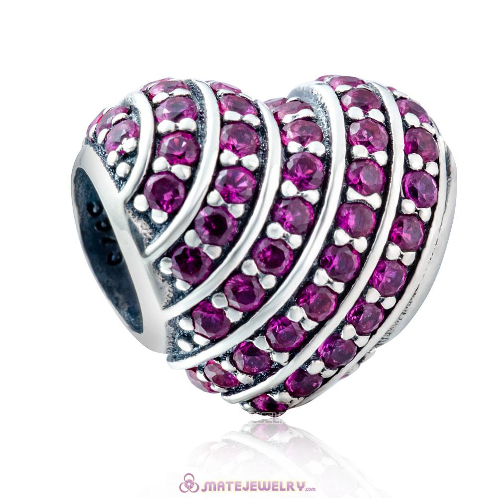 925 Sterling Silver Pave Heart Charm with Fuchsia Zirconia