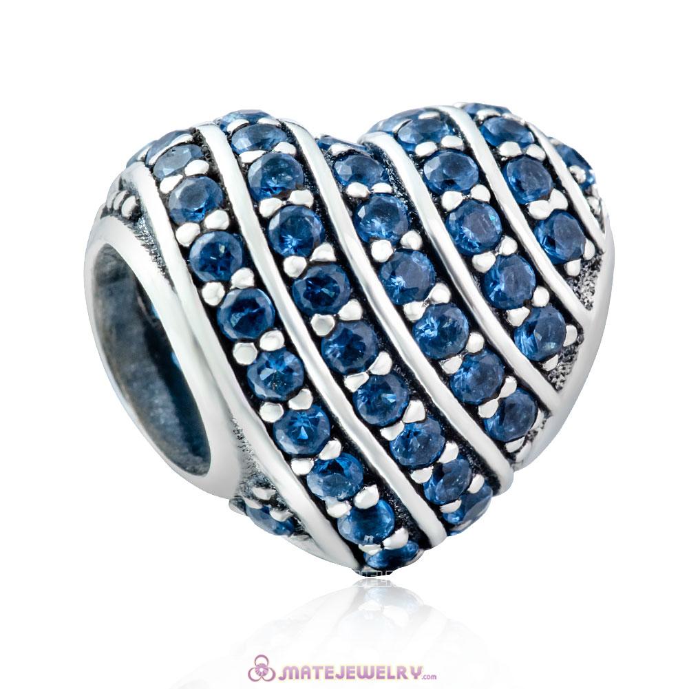925 Sterling Silver Pave Heart Charm with Blue Zirconia