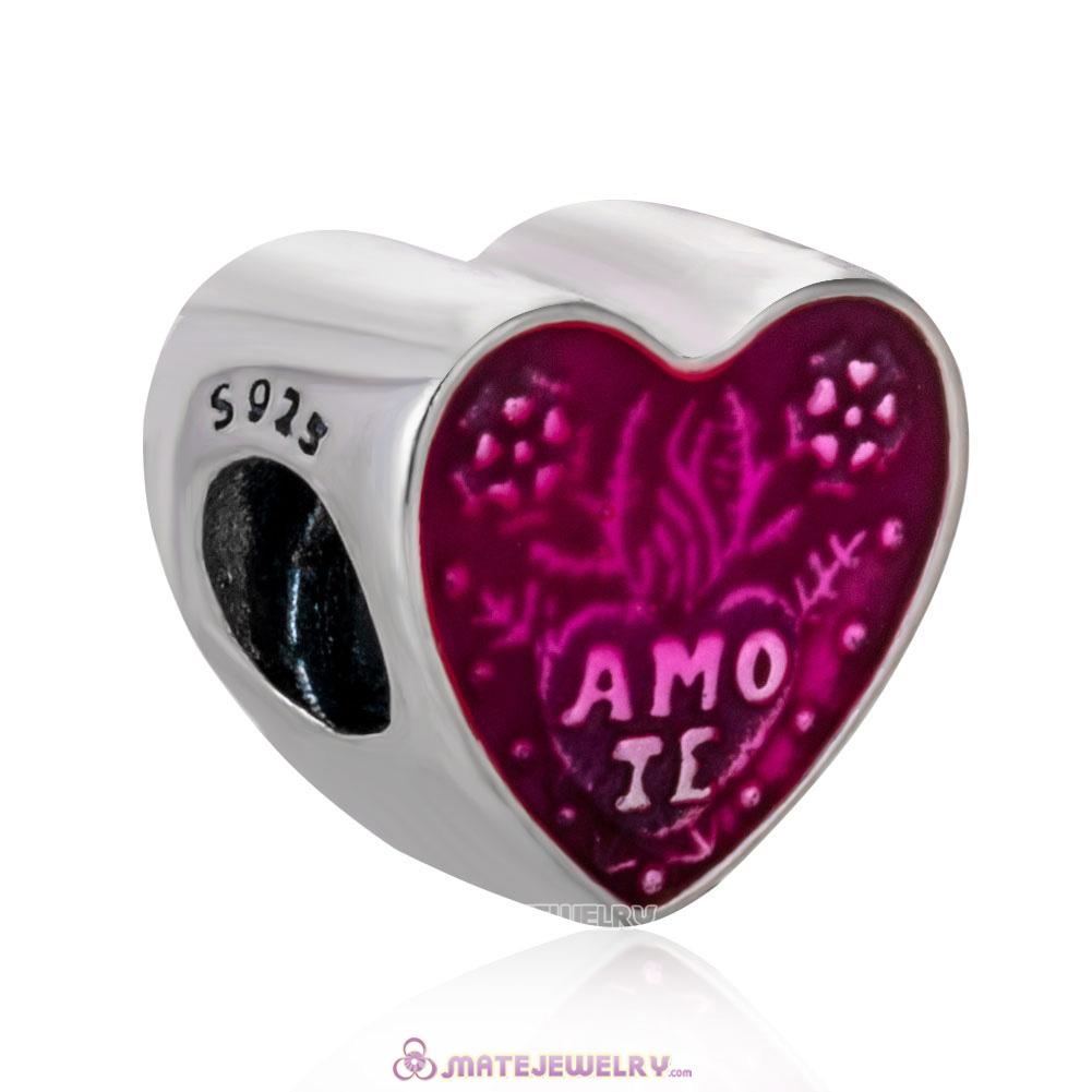 Latin Love Amo TE Heart Charm Beads with Enamel