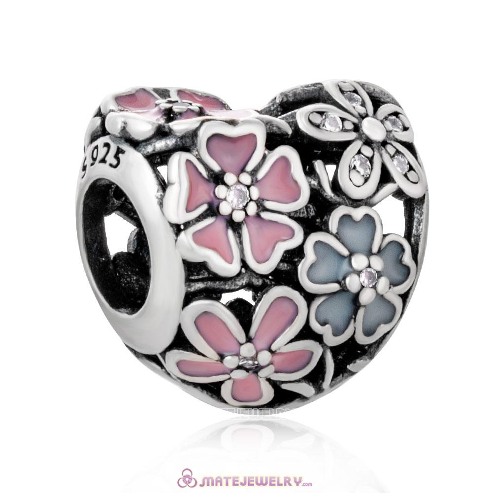 Poetic Blooms Flower Heart with Enamel and Clear CZ Charm 