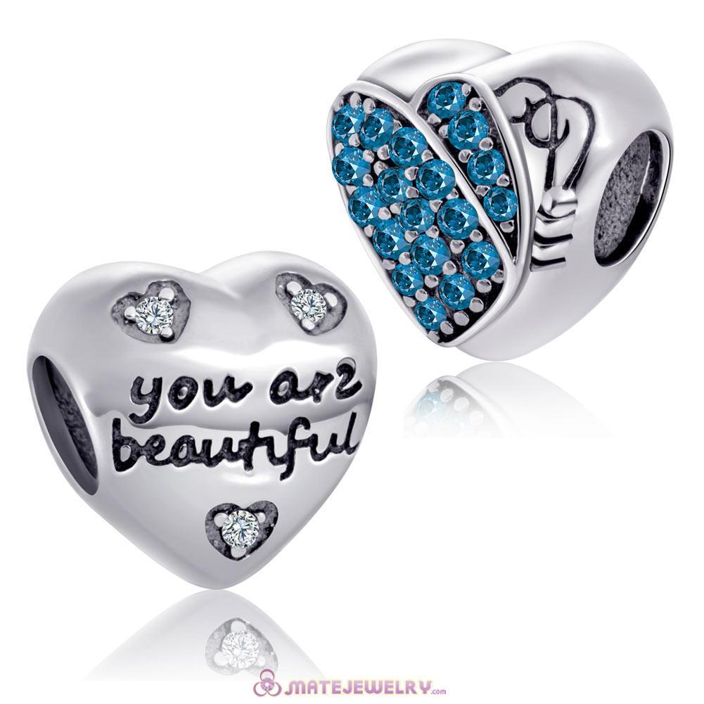 You are Beautiful Heart Charm with Blue CZ for Valentines Gift