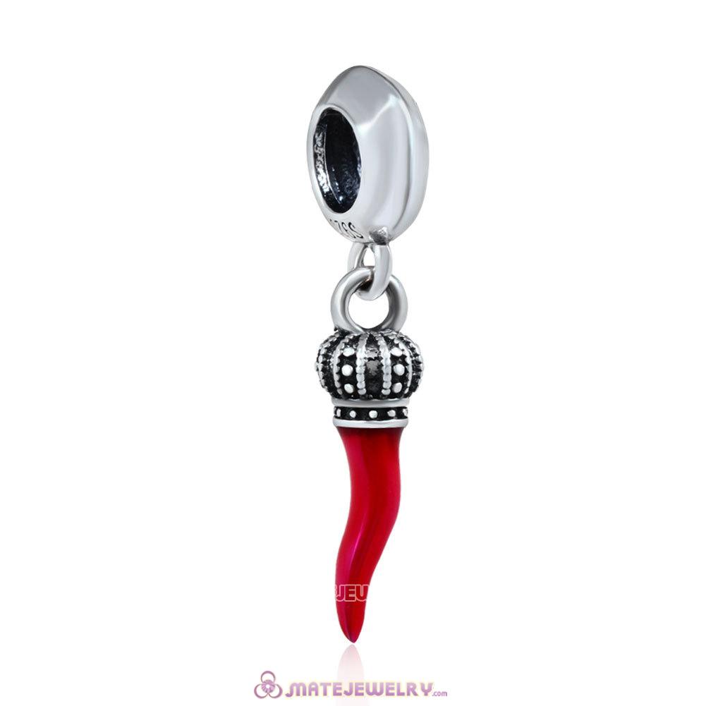 European Sterling Silver Dangle Corno with Red Enamel Charm
