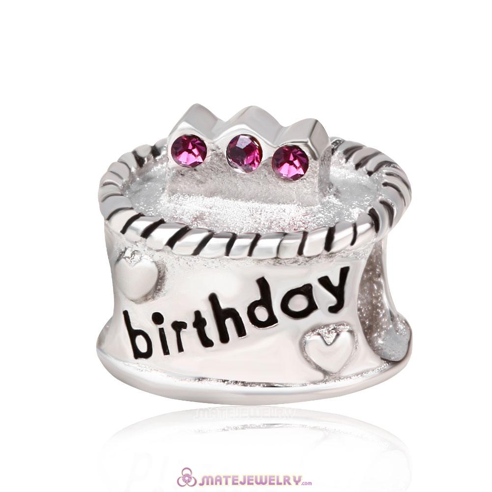 Sterling Silver Birthday Cake Charm Beads with Amethyst Austrian Crystal