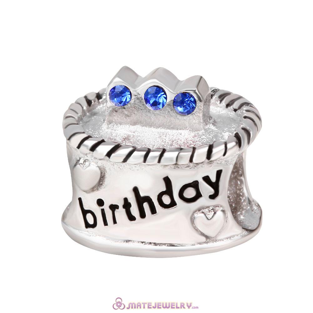 Sterling Silver Birthday Cake Charm Beads with Sapphire Austrian Crystal