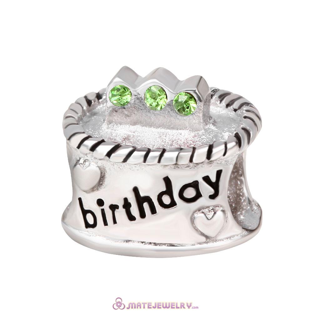 Sterling Silver Birthday Cake Charm Beads with Peridot Austrian Crystal