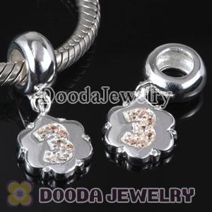 European Style Digit Charms Dangle Number 3 Bead with CZ Stone