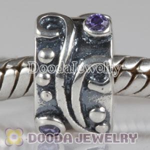European Style 925 Silver Tendril Clip Beads with Purple CZ Stone