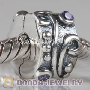 European Style 925 Silver Tendril Clip Beads with Purple CZ Stone