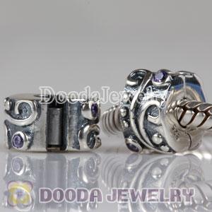 European Style 925 Silver Tendril Clip Beads with Purple CZ Stone