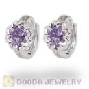 Sterling Silver Flower Huggie Hoop Earrings with Purple CZ