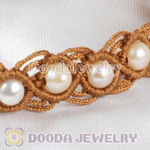 handmade Inspired Hand Knitted Adjustable Brown Bracelet with Nature Freshwater Pearl
