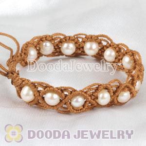 handmade Inspired Hand Knitted Adjustable Brown Bracelet with Nature Freshwater Pearl