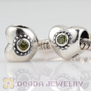 925 Sterling Silver Puffy Heart charm beads with olive green Stone