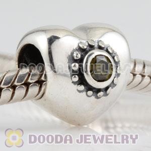 925 Sterling Silver Puffy Heart charm beads with olive green Stone