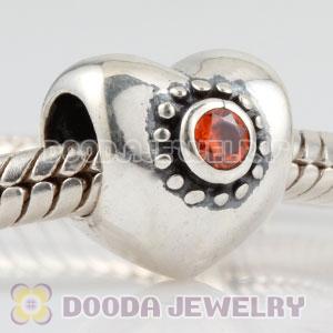 925 Sterling Silver Puffy Heart charm beads with orange Stone