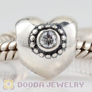 925 Sterling Silver Puffy Heart charm beads with clear Stone