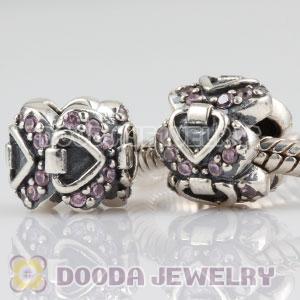 Sterling Silver Elegant Embrace heart charm beads with pink CZ stones