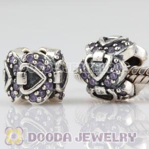 Sterling Silver Elegant Embrace heart charm beads with purple CZ stones