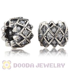 925 Sterling Silver Grid charm Beads with Clear stones