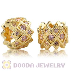 Gold plated Sterling Silver Grid charm Beads with Pink stones