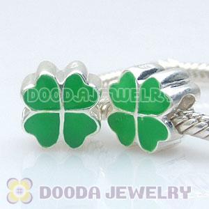925 Sterling Silver European Style Beads Enamel Green four-leaf clover